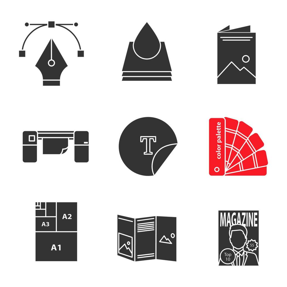 utskrift glyf ikoner set. reservoarpenna, bläckdroppe, broschyr, storformatsskrivare, rund klistermärke, färgpaletter, pappersstorlekar, häfte, tidning. siluett symboler. vektor isolerade illustration