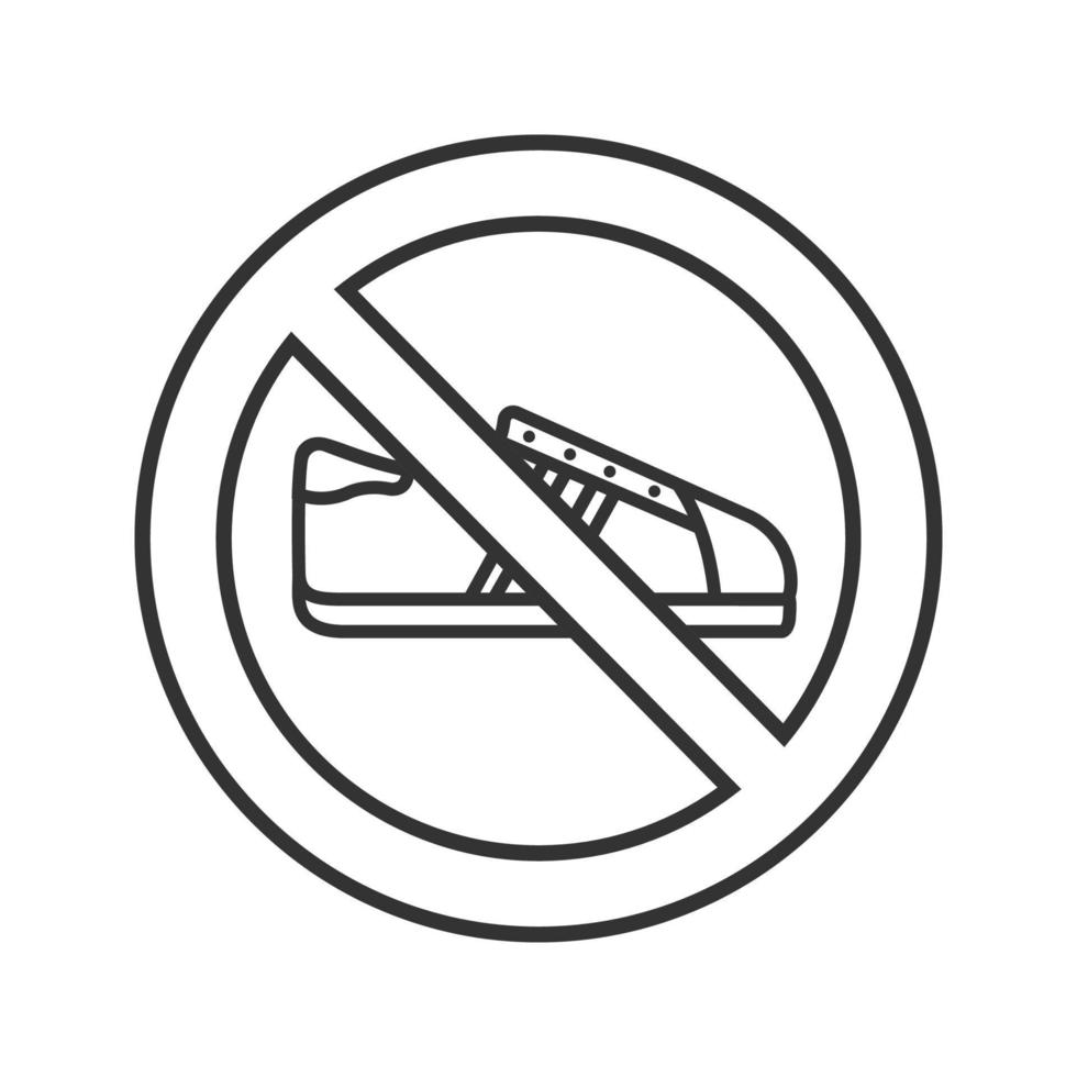 Verbotenes Schild mit linearem Sneaker-Symbol. kein Schuhverbot. dünne Liniendarstellung. keine Outdoor-Schuhe. Kontursymbol stoppen. Vektor isoliert Umrisszeichnung