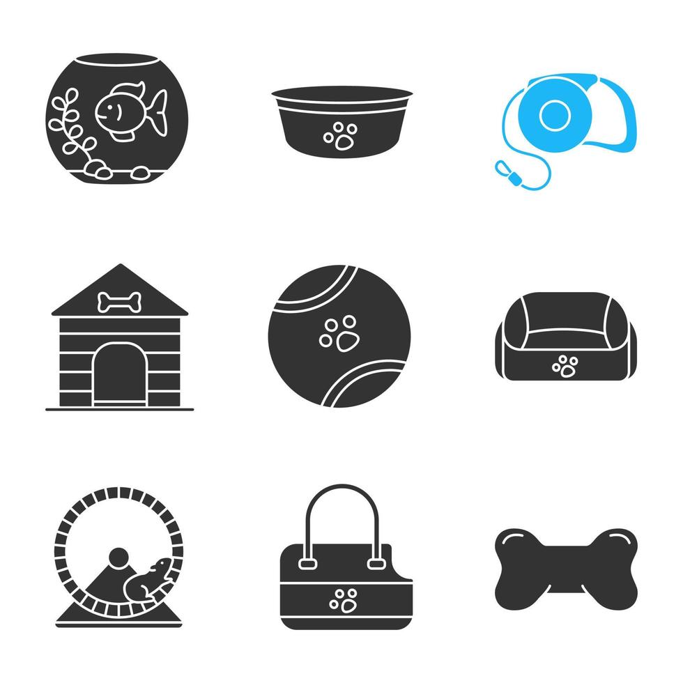 Haustiere liefert Glyphen-Symbole gesetzt. Aquarium, Hundenapf, Haustierleine, Spielzeugball, Hundehütte, Tierbett, Kauknochen, Transportbox, Hamsterrad. Silhouettensymbole. vektor isolierte illustration