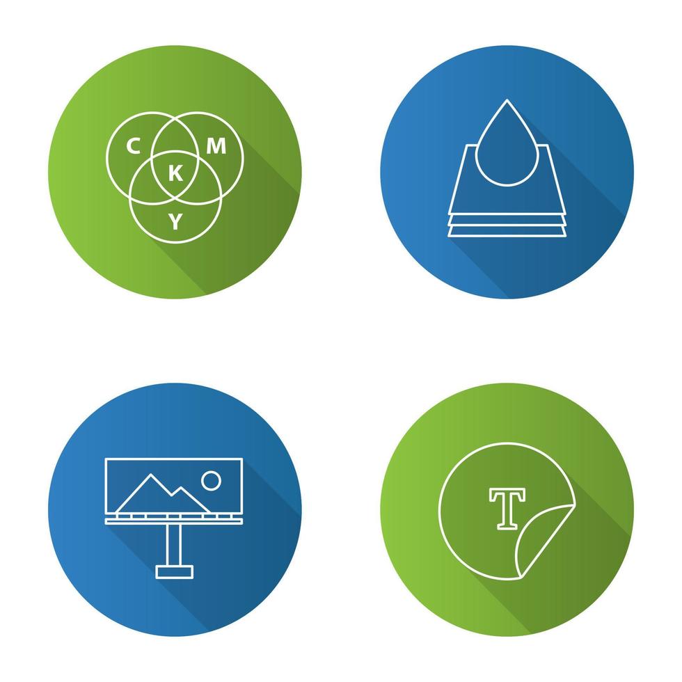 flache lineare lange schattensymbole drucken gesetzt. Polygrafie und Typografie. CMYK-Farbkreismodell, Farbtropfen und Papier, Werbetafel, runder Aufkleber. Vektor-Umriss-Illustration vektor