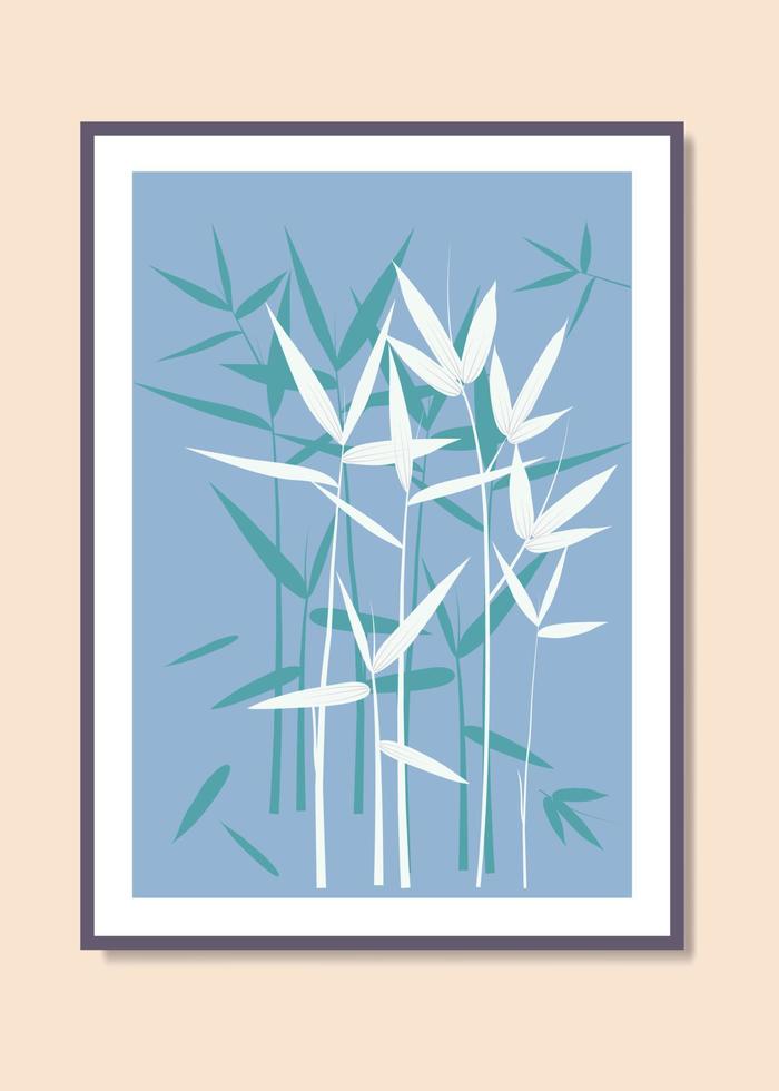 abstrakte weiße bambusblätter und baum flacher blauer hintergrund raumdekoration natürliche plakatwandkunstillustration vektor