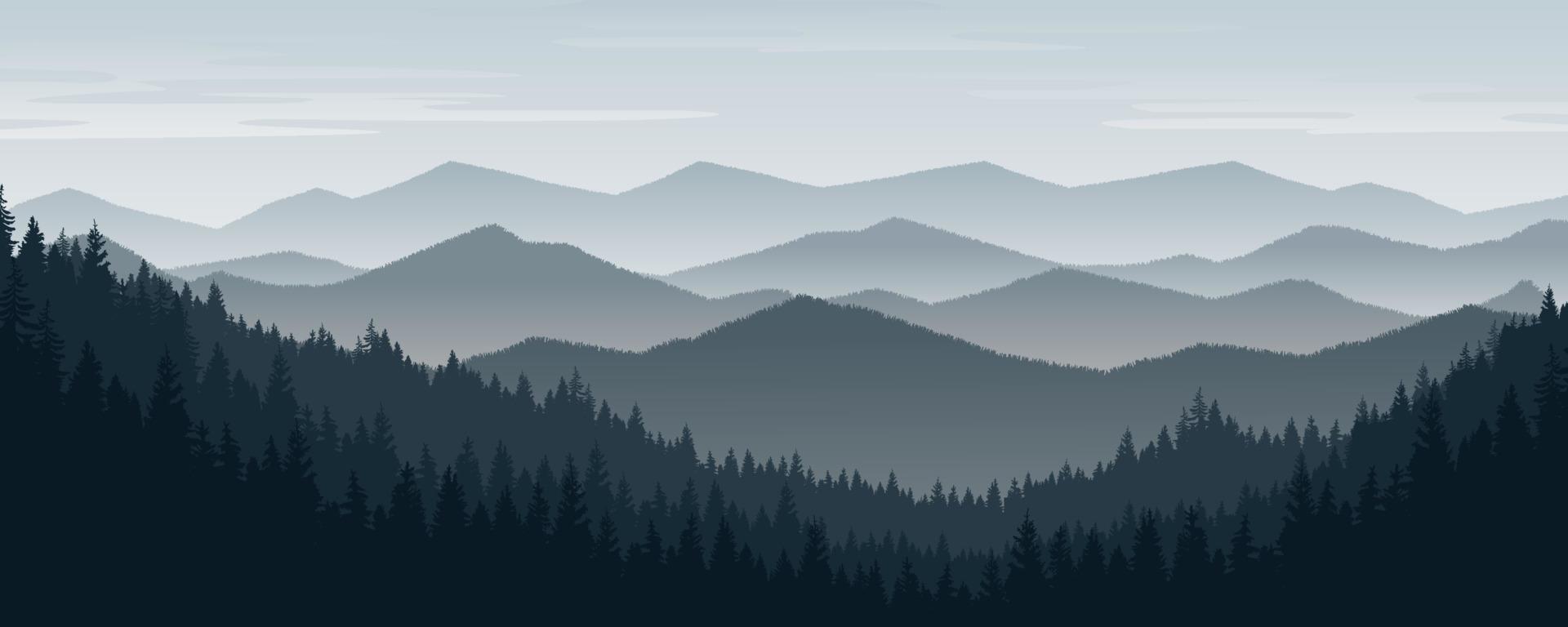 Berglandschaft mit Kiefern und Wäldern unter Winterhimmel. vektor