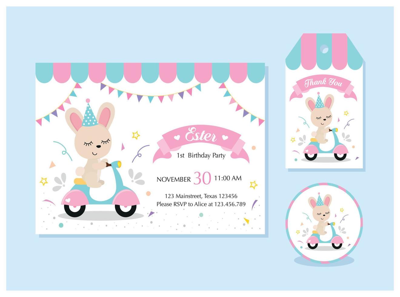 söt kanin födelsedag inbjudan set med kort, etikett och tack tagg vektor