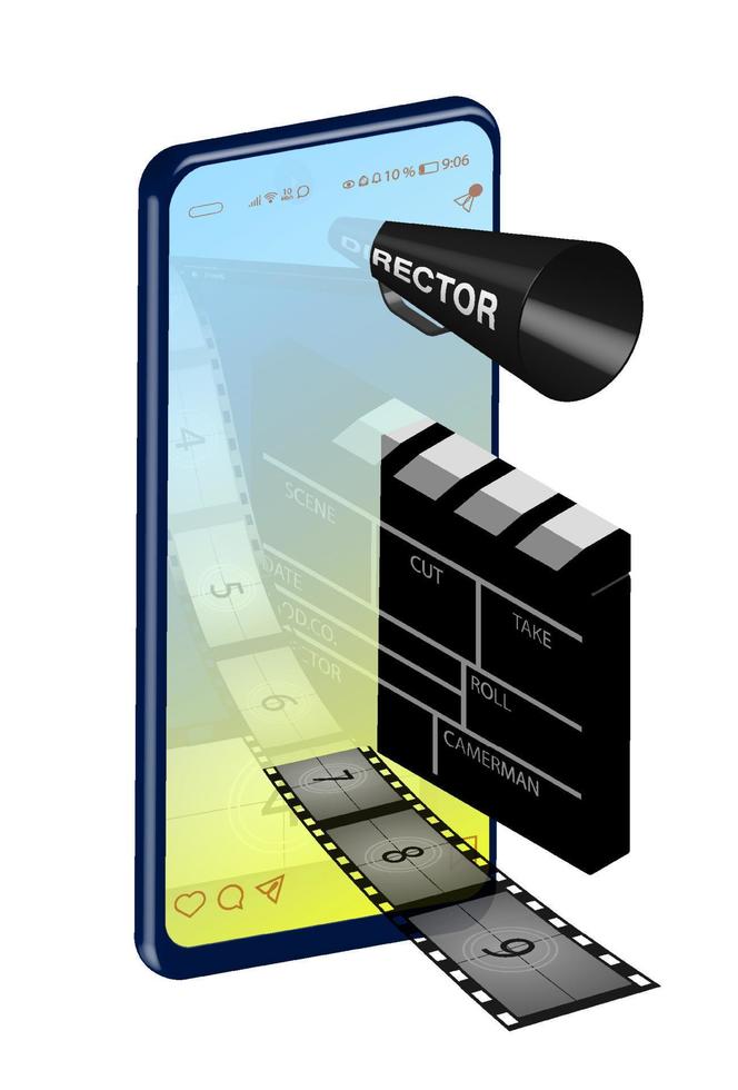 begreppet online biograf inuti en smartphone. regissörens högtalare, klaff och film är nedsänkta i duken. realistisk bild av bärbara enheter. vektor illustration