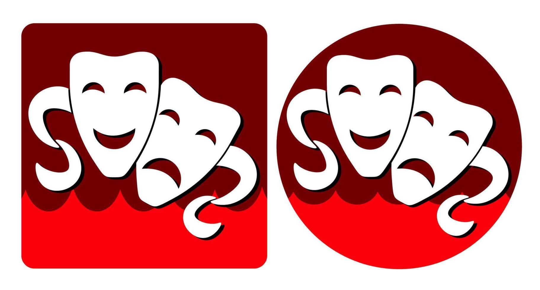 weiße Comedy und tragische Theatermasken auf rotem Grund in Form von Logos vektor