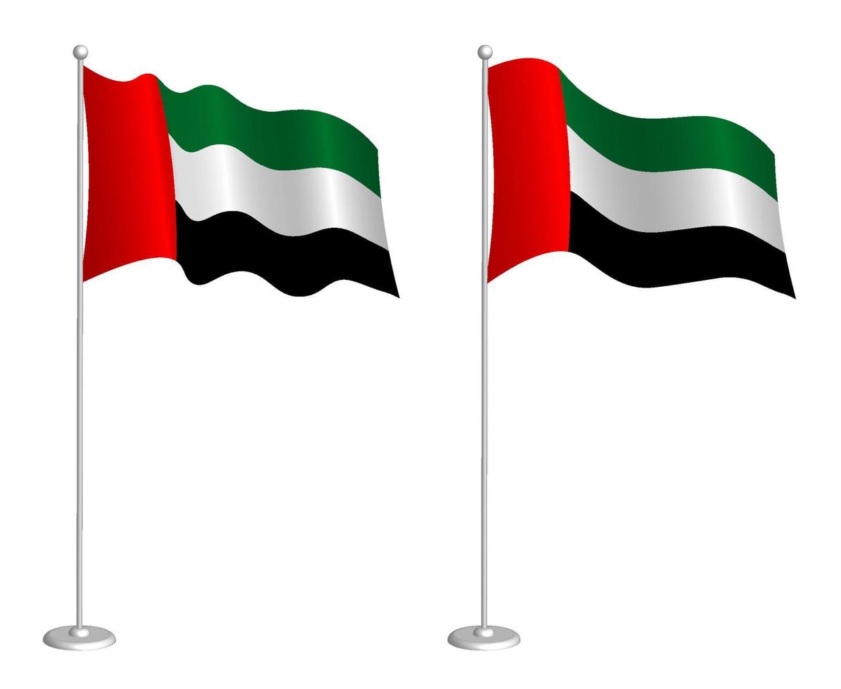 Flagge der Vereinigten Arabischen Emirate am Fahnenmast weht im Wind. Urlaubsgestaltungselement. Kontrollpunkt für Kartensymbole. isolierter Vektor auf weißem Hintergrund