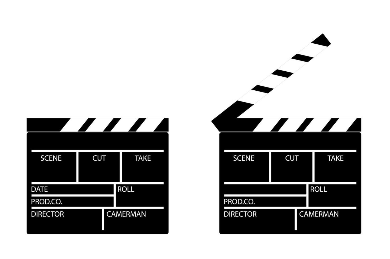 Filmklappe zum Filmen in geöffneter und geschlossener Position. Regieassistent. Schwarz-Weiß-Symbol. Vektor