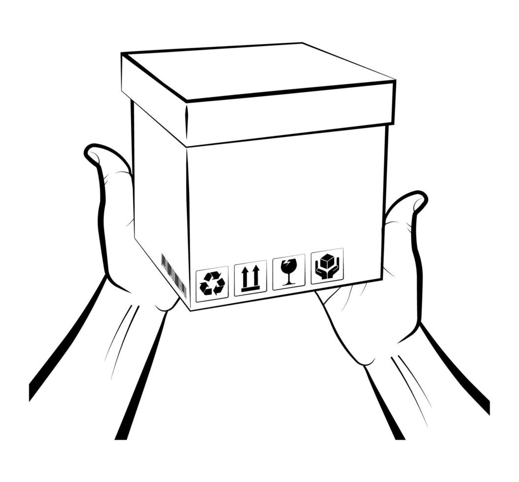 mäns händer håller en låda med streckkod och lastförvaringsskyltar. frakt och hemleverans. presenter och överraskningar med budleverans. isolerade vektor på vit bakgrund