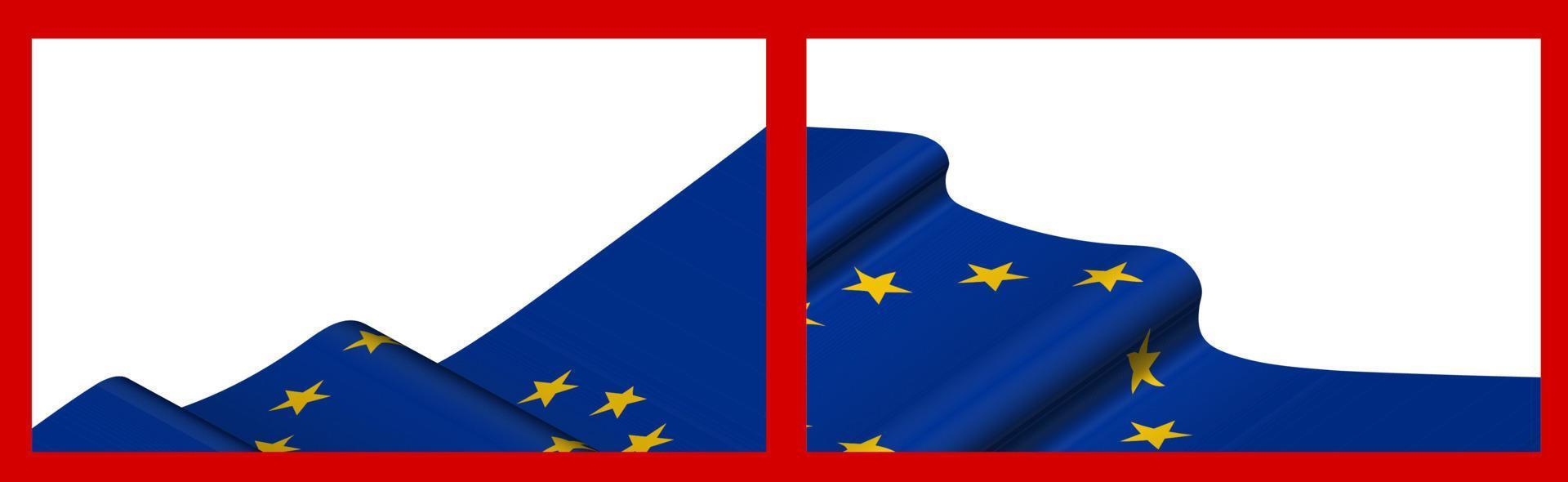 Hintergrund, Vorlage für festliches Design. die flagge der europäischen union weht im wind. realistischer Vektor auf rotem Hintergrund