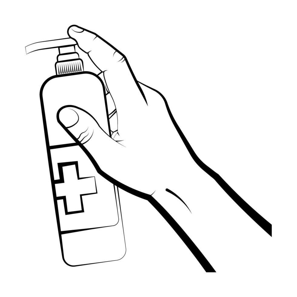man håller en flaska flytande tvål i handen, trycker på dispensern med pekfingret. infektionsbekämpning, hygien. isolerade vektor på vit bakgrund