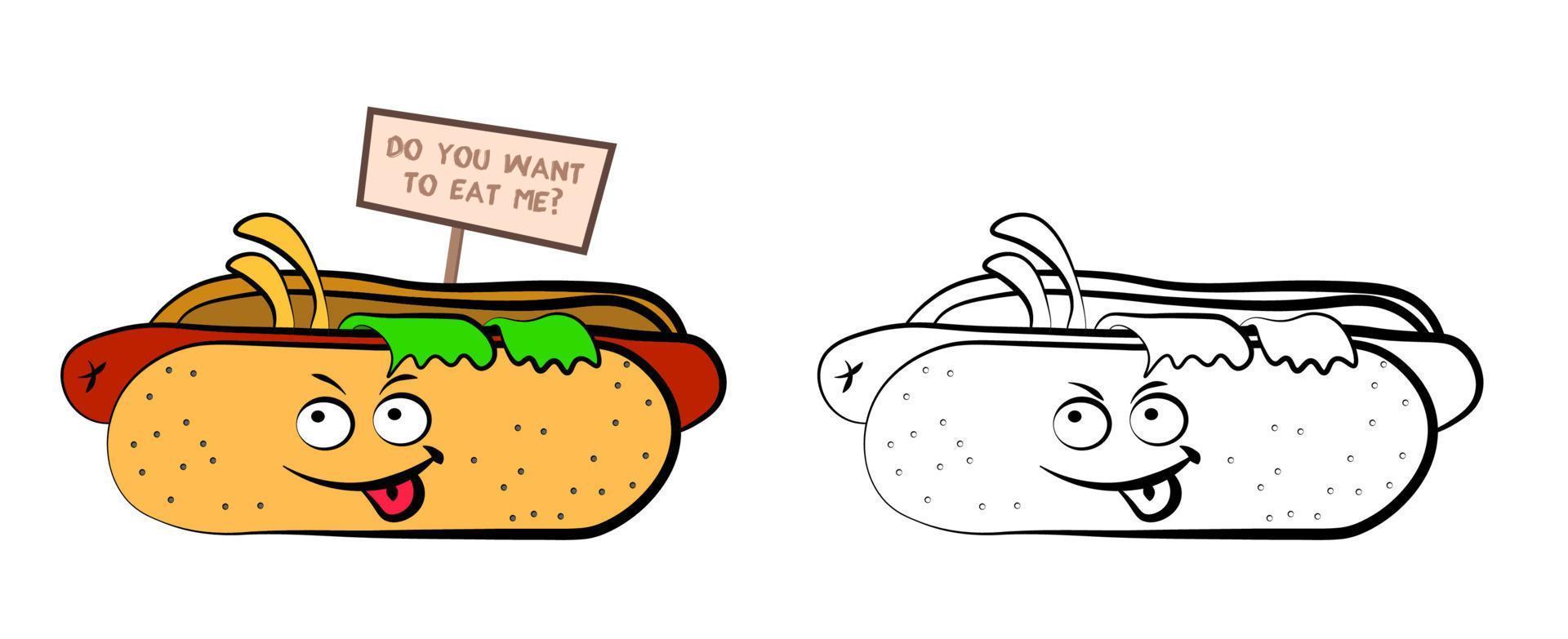 heimtückischer wütender Hot Dog im Cartoon-Stil mit einem Schild willst du mich essen. der Schaden von Fast Food und Convenience Food. Vektor auf weißem Hintergrund