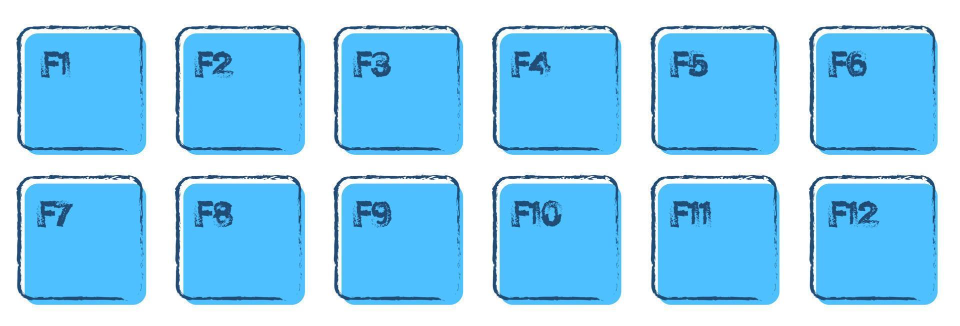 satz von hilfstasten der tastatur von f1 bis f12 in tinte und blauen farben gezeichnet. isolierter Vektor auf weißem Hintergrund