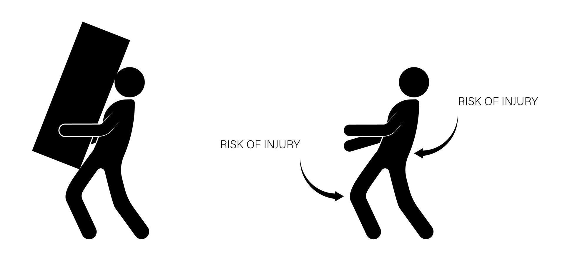 person, bär en lastare felaktigt en tung last, vilket ökar risken för skador. isolerade vektor på vit bakgrund