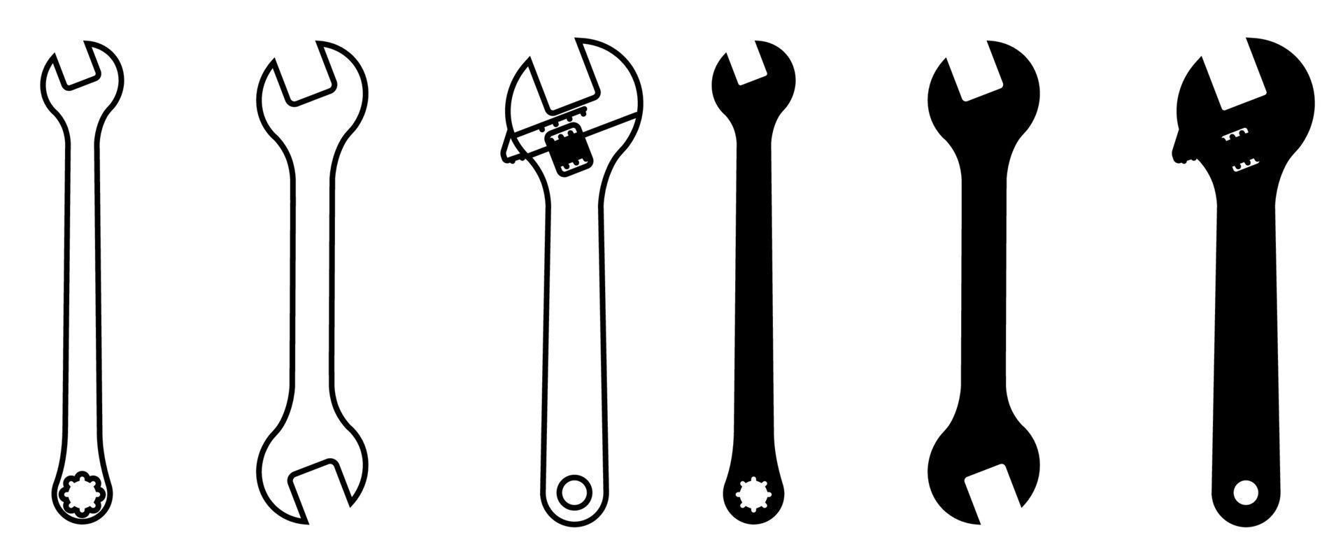 skiftnycklar för reparation av olika former. svarta och vita ikoner set vektor