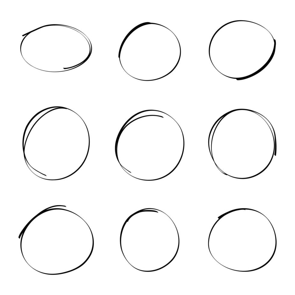uppsättning handritad cirkel linje skiss. enkel linjemarkeringslinje. handritad klottrar markera cirklar. klottrar doodle rund design. vektor