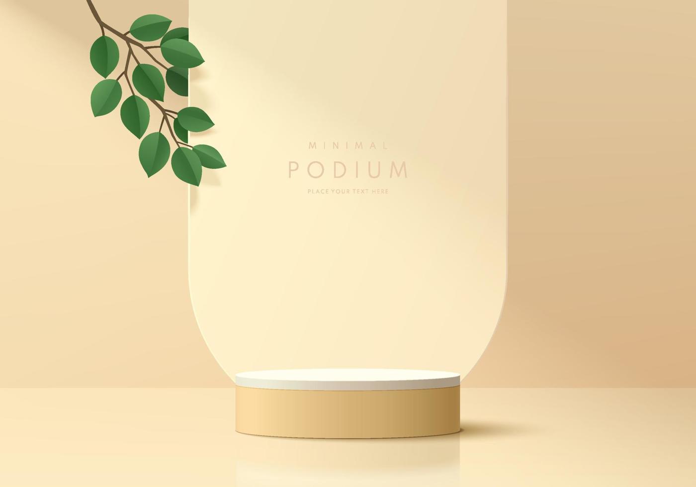 realistisk beige och vit 3d cylinder piedestal podium med grönt blad på båge form bakgrund. abstrakt minimal scen för mockup produkter, scen showcase, marknadsföring display. vektor geometriska former.