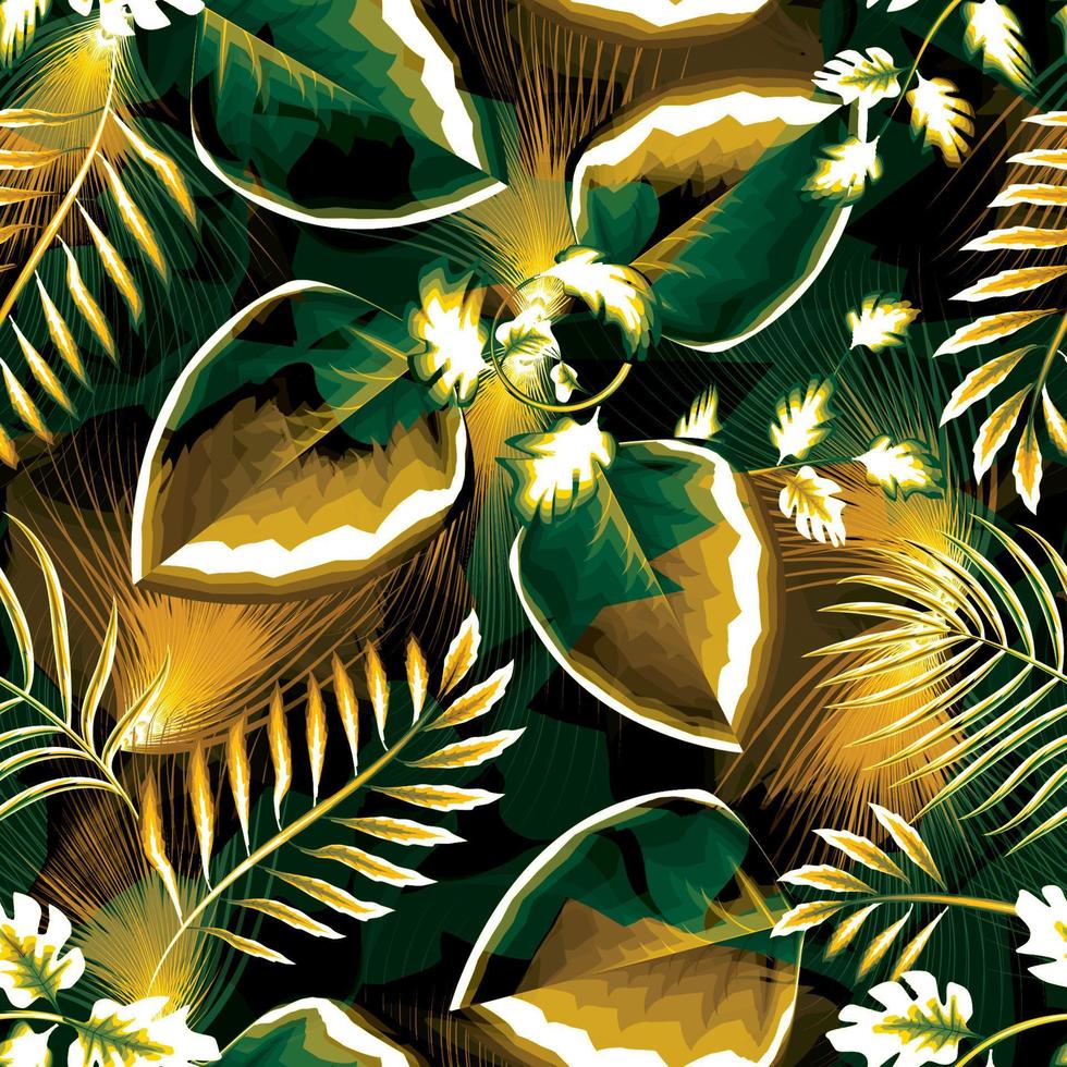 grünes abstraktes tropisches Muster auf dunklem Hintergrund. Konturzeichnung. naturverzierung für textilien, stoffe, tapeten, oberflächengestaltung. Blumenhintergrund. einfache Naturillustration. Sommerdesign vektor