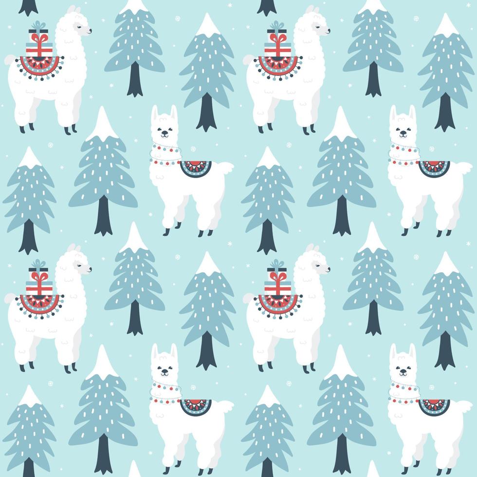 julgran och söt lama med presentförpackningar seamless mönster på ljusblå bakgrund. vektor