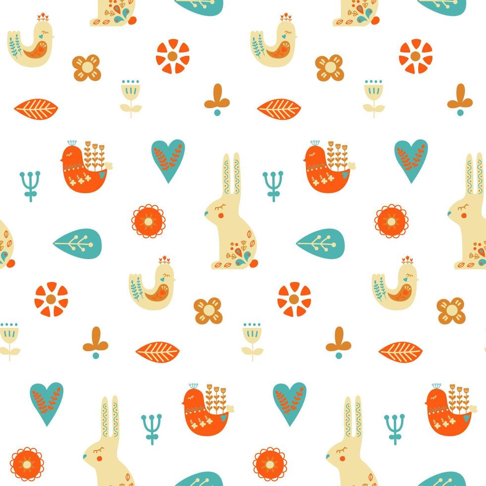 folkkonst seamless mönster med kanin, fågel och dekorativa element. vektor