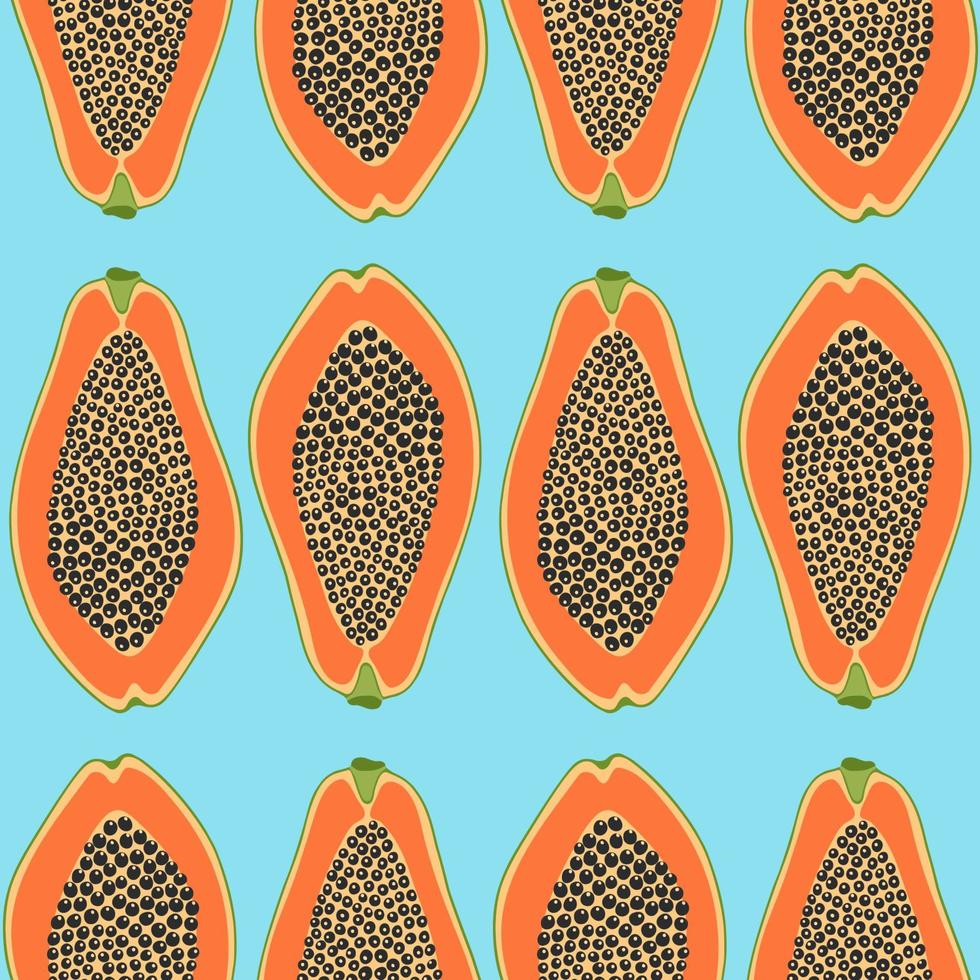 handritade sömlösa mönster med papaya i orange på blå bakgrund. vektor