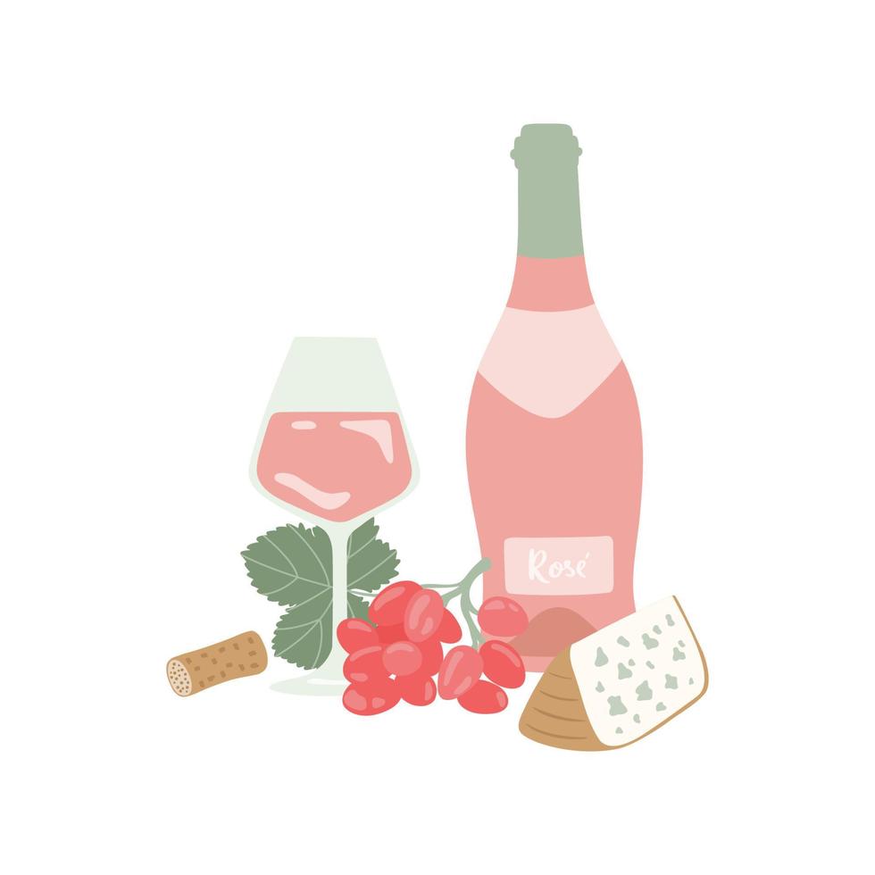 handgezeichnete roséweinflasche, glas wein, traube und käse. vektor