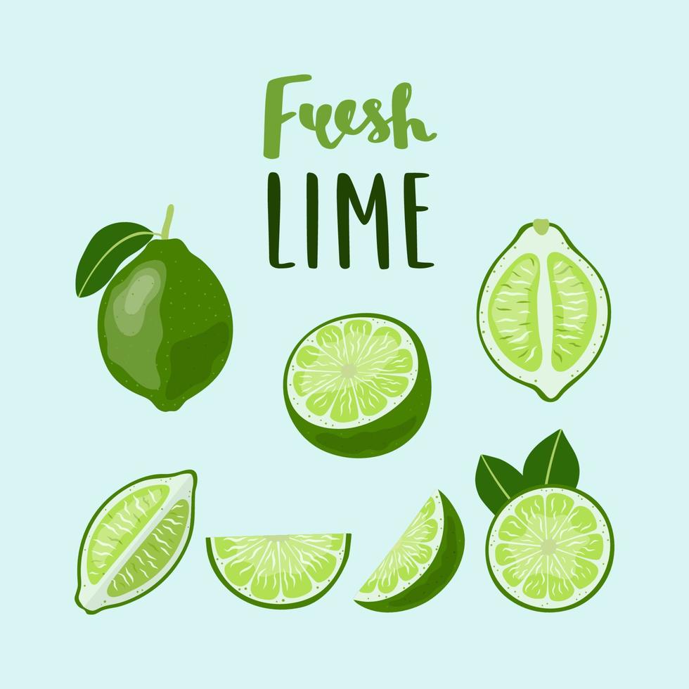 set med hela och skivade limefrukter med bokstäver abaw. ljusgrön citrus. vektor illustration.