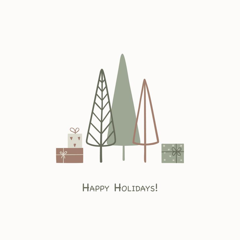 weihnachtsgrußkarte mit abstrakten handgezeichneten weihnachtsbäumen, geschenken und text frohe feiertage vektor