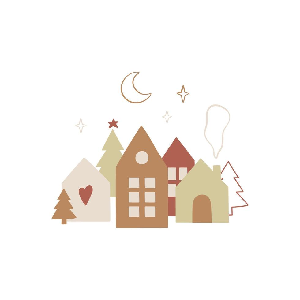 handritad juldesign med traditionella skandinaviska hus. vektor