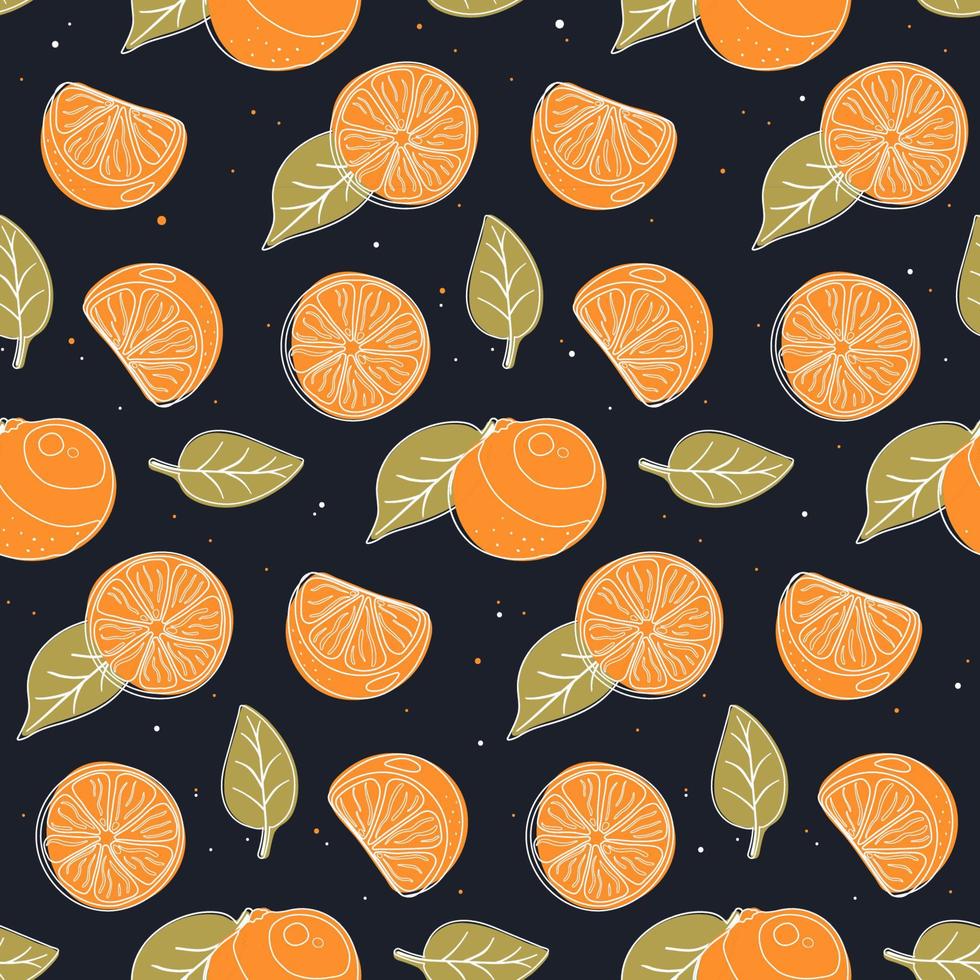 Nahtloses Muster mit Orangen, Scheiben und Blättern. vektor