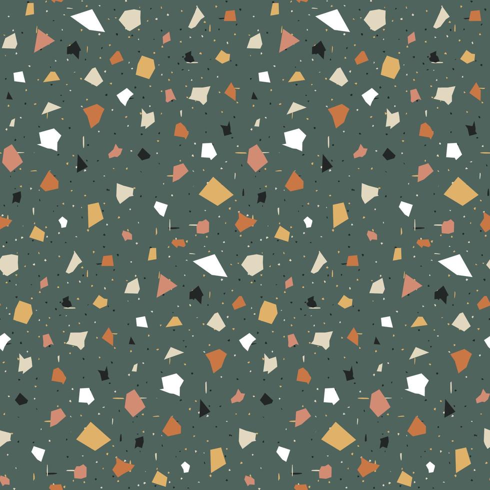 Terrazzo nahtloses Muster. Druck im klassischen italienischen Bodenstil. Vektor abstrakter Hintergrund mit chaotischen Flecken. grüne, gelbe, orange, schwarze und weiße Farben.