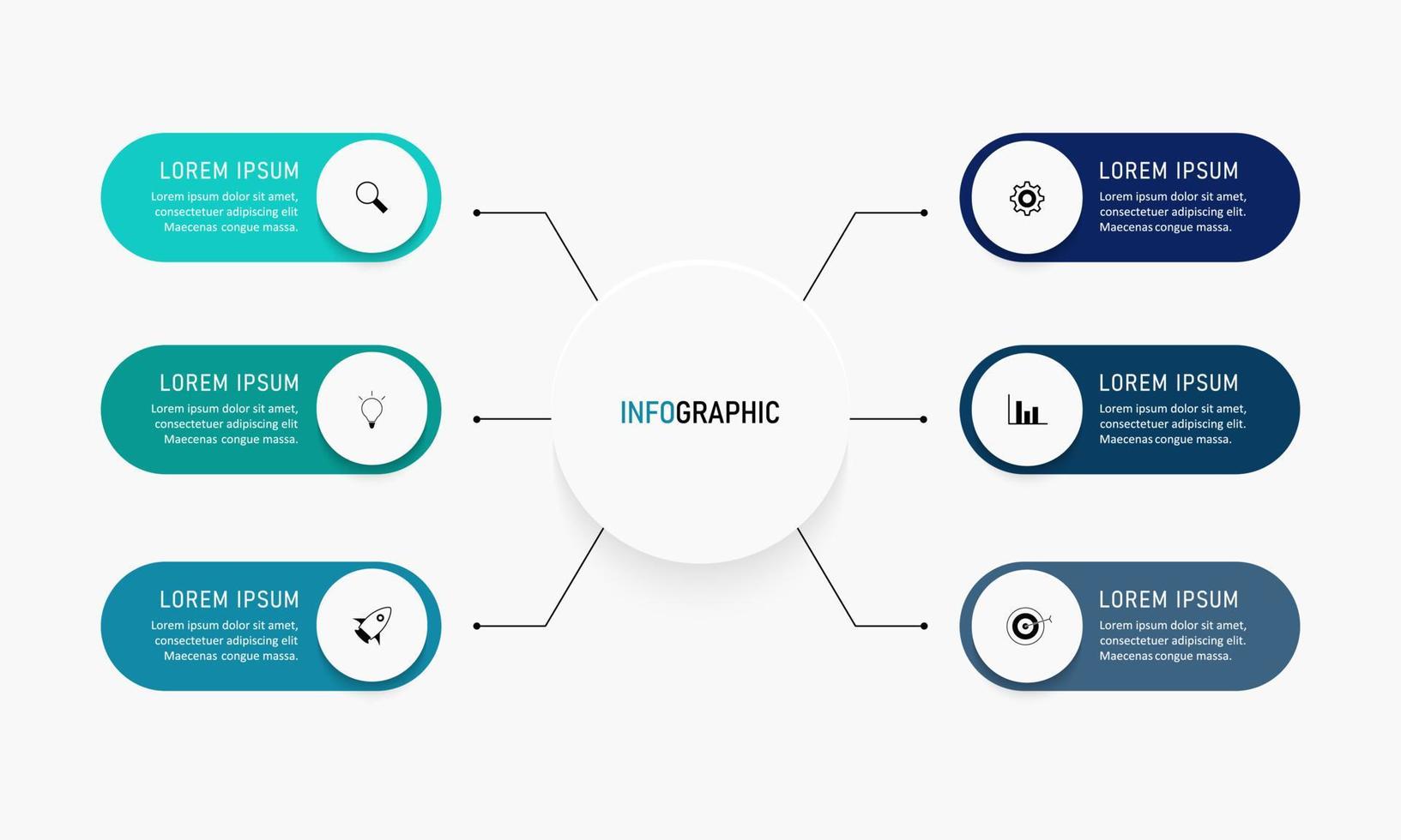 Vektor-Infografik-Etikettendesign-Vorlage mit Symbolen und 6 Optionen oder Schritten. kann für Prozessdiagramme, Präsentationen, Workflow-Layouts, Banner, Flussdiagramme und Infografiken verwendet werden. vektor