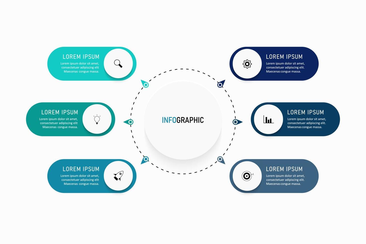 Vektor-Infografik-Etikettendesign-Vorlage mit Symbolen und 6 Optionen oder Schritten. kann für Prozessdiagramme, Präsentationen, Workflow-Layouts, Banner, Flussdiagramme und Infografiken verwendet werden. vektor