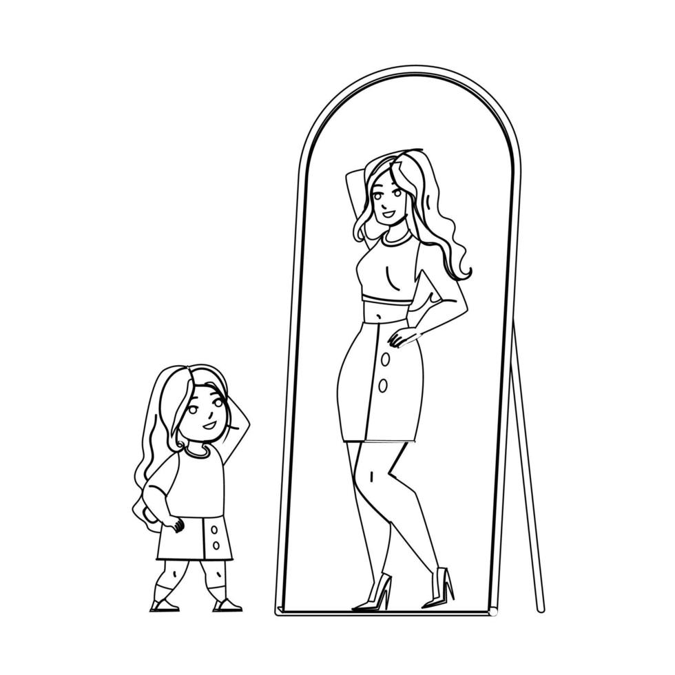 Kindermädchen, das träumt, ist eine erwachsene Frau im Spiegelvektor vektor