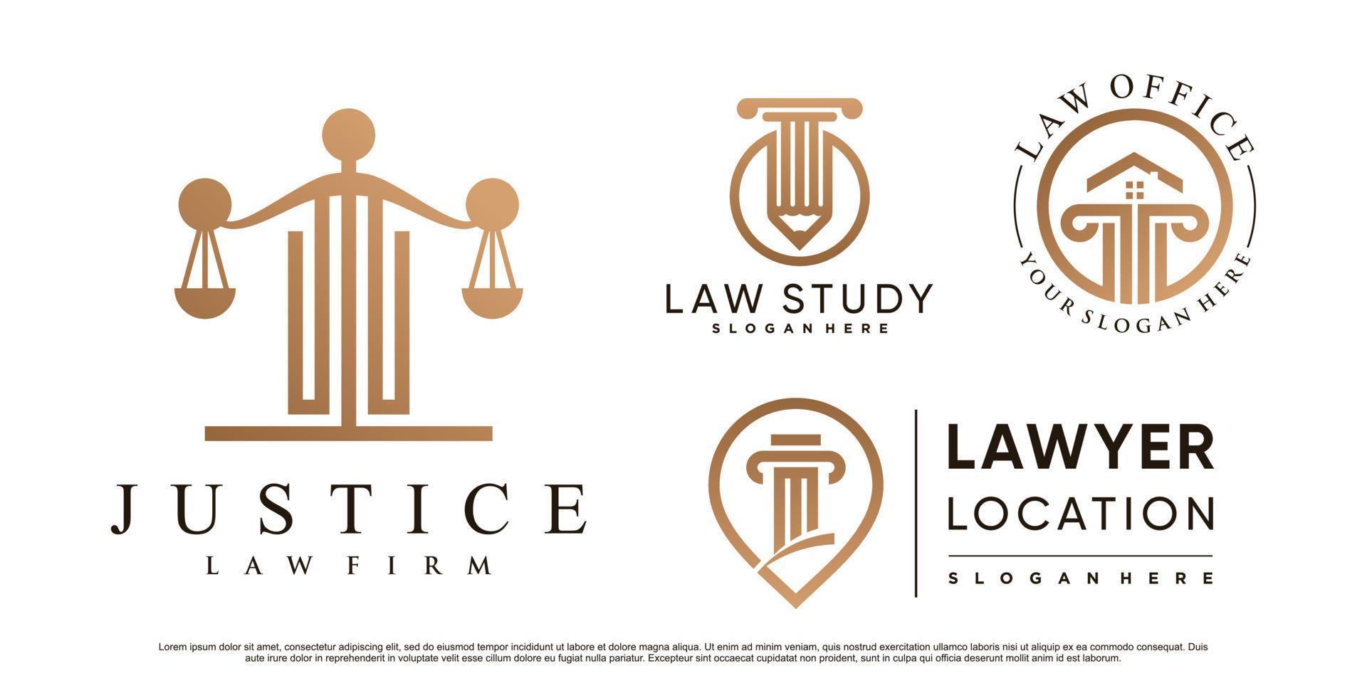 satz des logodesigns der justizkanzlei mit säule, krone und kreativem element premium-vektor vektor