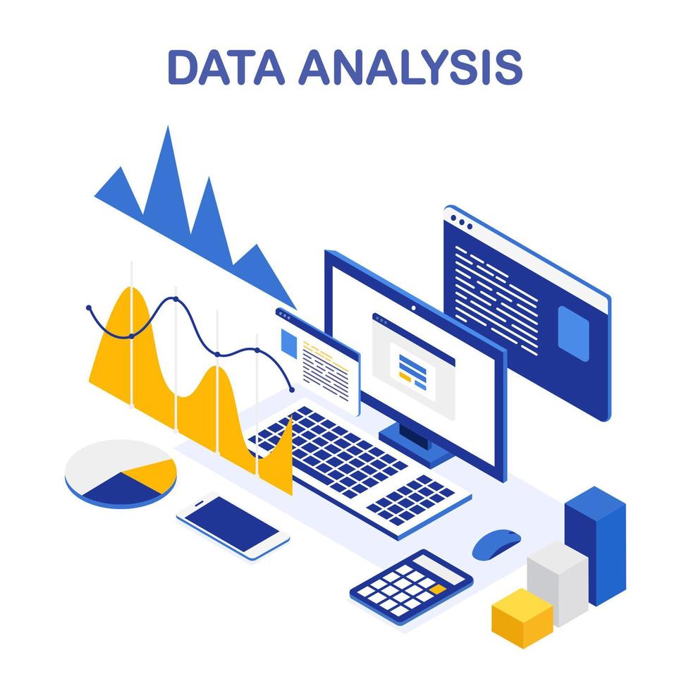 dataanalys. digital finansiell rapportering, seo, marknadsföring. företagsledning, utveckling. 3d isometrisk bärbar dator, dator, pc med graf, diagram, statistik. vektor design för webbplats