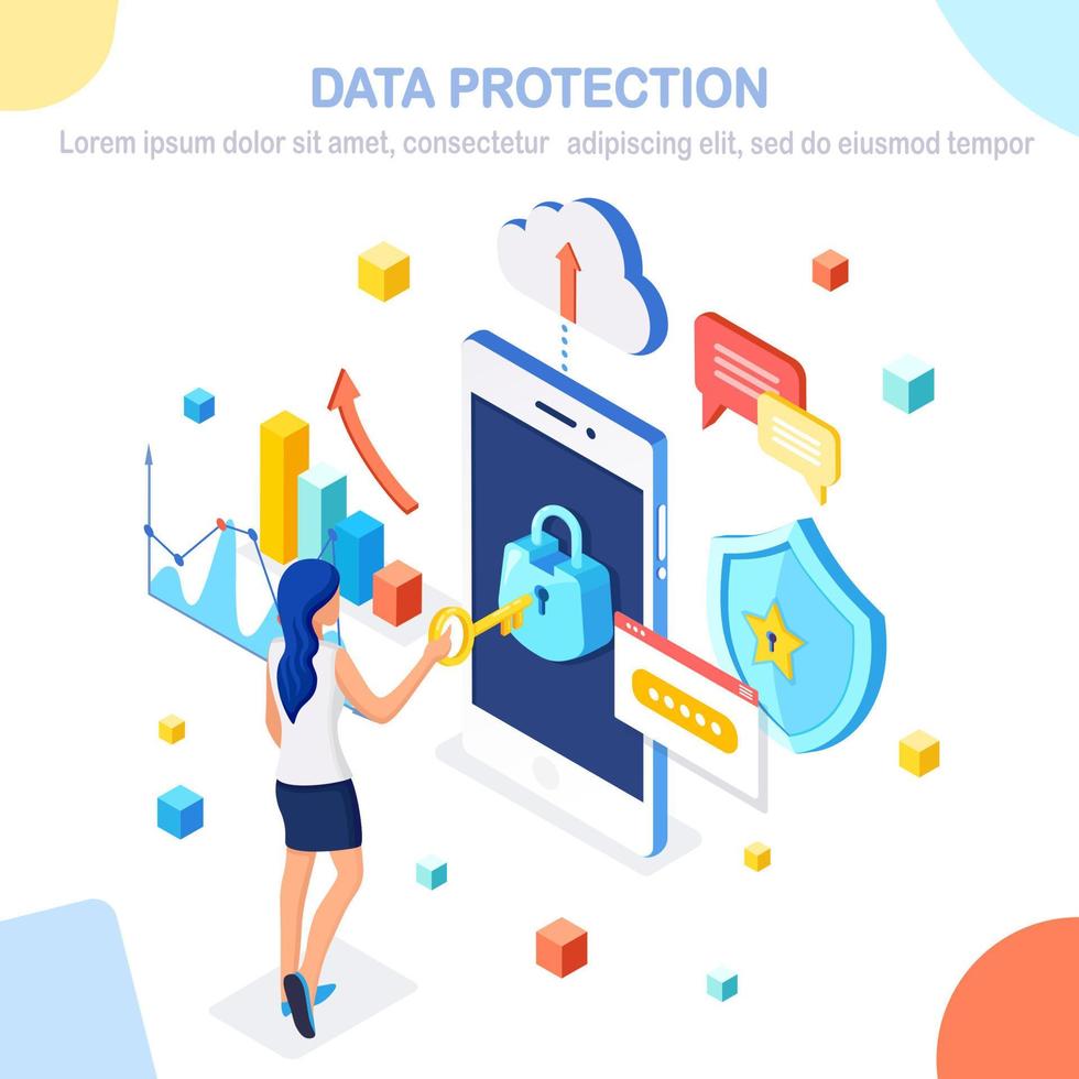 dataskydd. Internetsäkerhet, sekretessåtkomst med lösenord. isometrisk kvinna, telefon med lås. vektor design