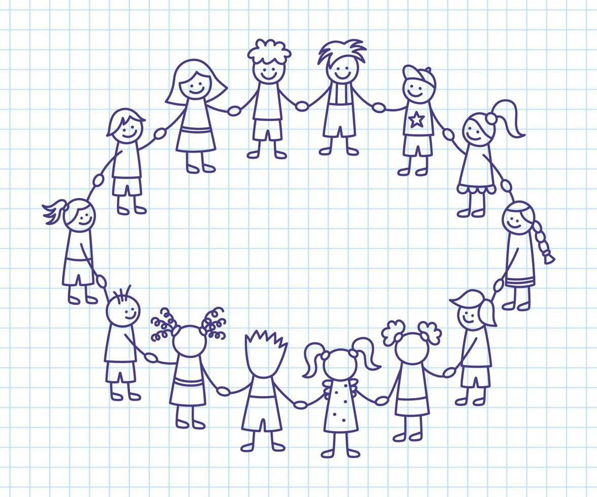 glückliche Doodle-Stick-Kinder, die Händchen halten. handgezeichnete lustige kinder im kreis. internationales freundschaftskonzept. Gekritzel-Kindergemeinschaft. vektorlineare Abbildung auf quadratischem Hintergrund vektor