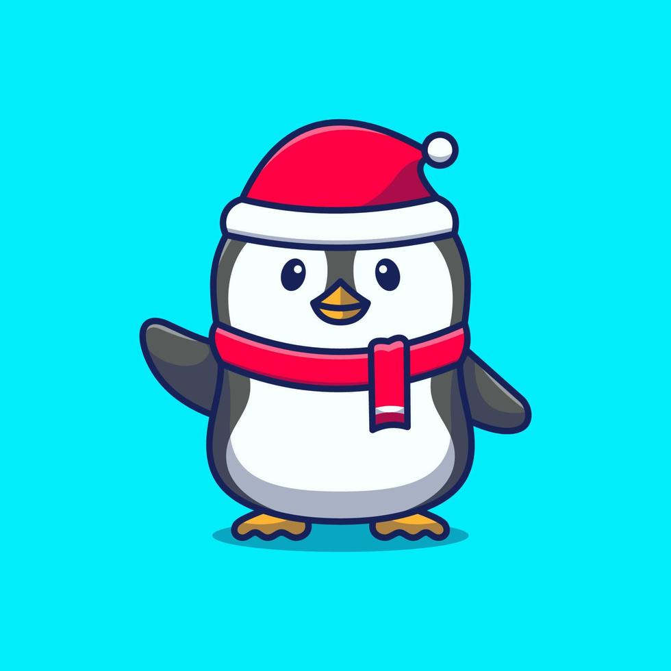 söt pingvin bär vinter outfit tecknad ikon illustration vektor