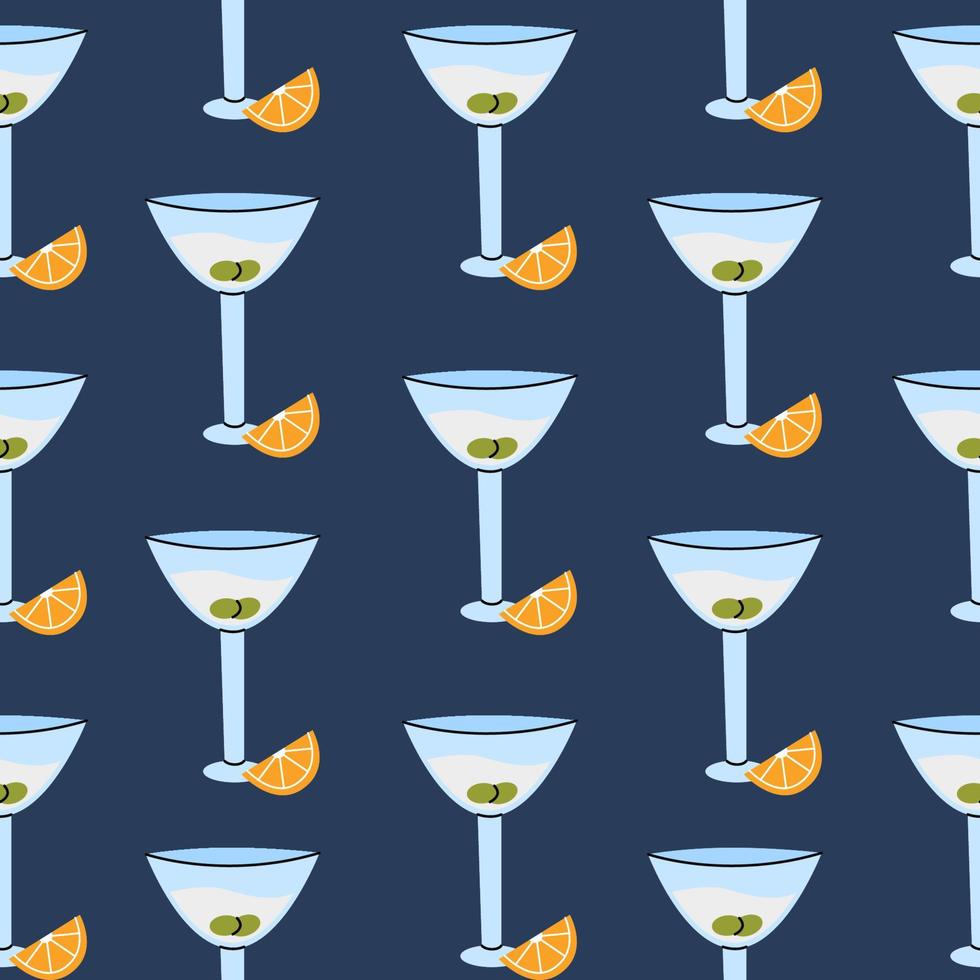 Nahtloses Muster Martini-Glas mit Oliven und Orangenscheibe. vektorkarikaturillustration für druck, textil. vektor