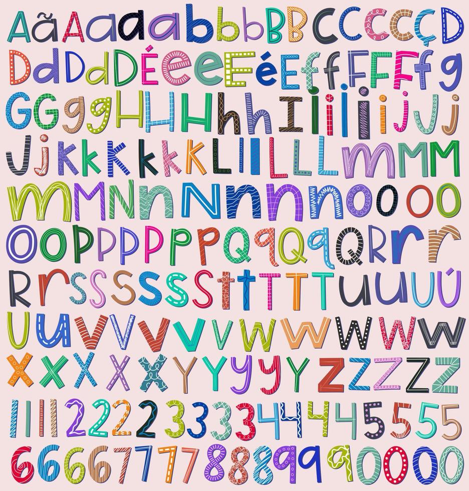 buntes kinderalphabet. jeder Buchstabe und jede Zahl mit unterschiedlichen Stilen. vektor