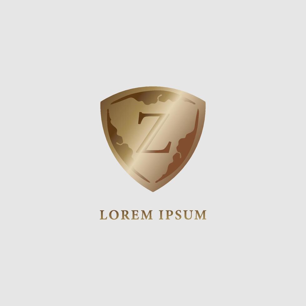 bokstaven z alfabetet logotyp formgivningsmall. lyxiga guld dekorativa sköld tecken illustration. säkerhet, skydd logotyp koncept. första abjad företagets logotyp isolerad på ljusgrå bakgrund vektor