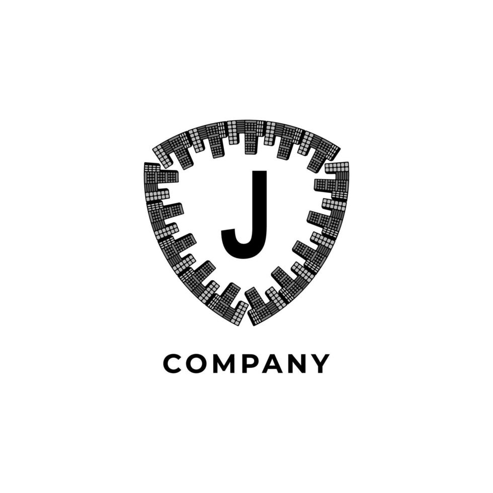 Buchstabe j Alphabet-Logo-Design-Vorlage. versicherung, sicherheit, schutzlogokonzept. Abbildung des Stadtschildes. isoliert auf weißem Hintergrund. vektor