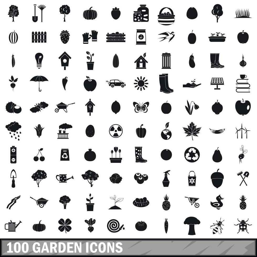 100 trädgårdsikoner set, enkel stil vektor