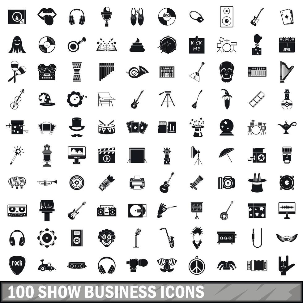 100 show business ikoner set, enkel stil vektor