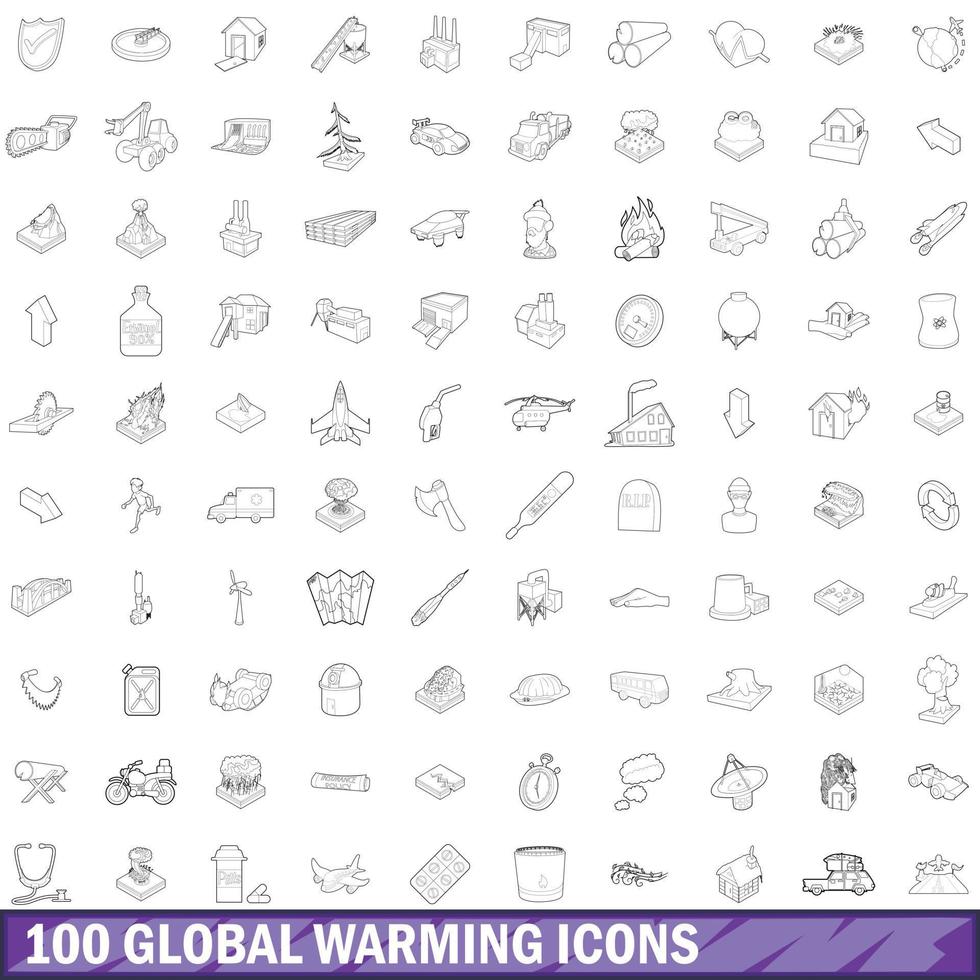 100 Symbole für die globale Erwärmung, Umrissstil vektor