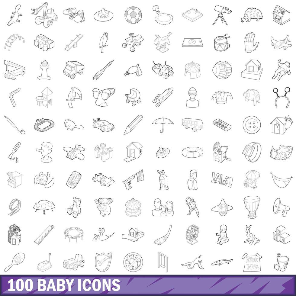 100 Baby-Icons gesetzt, Umrissstil vektor