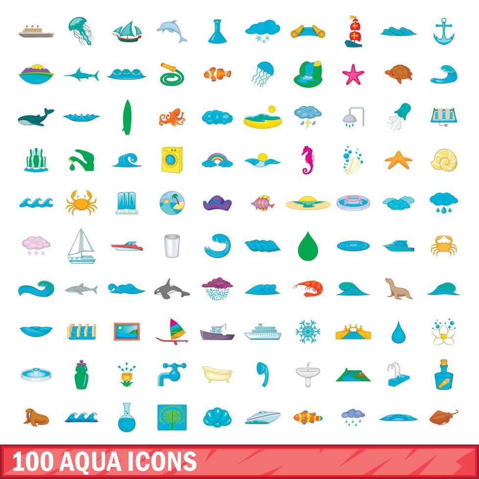 100 aqua ikoner set, tecknad stil vektor