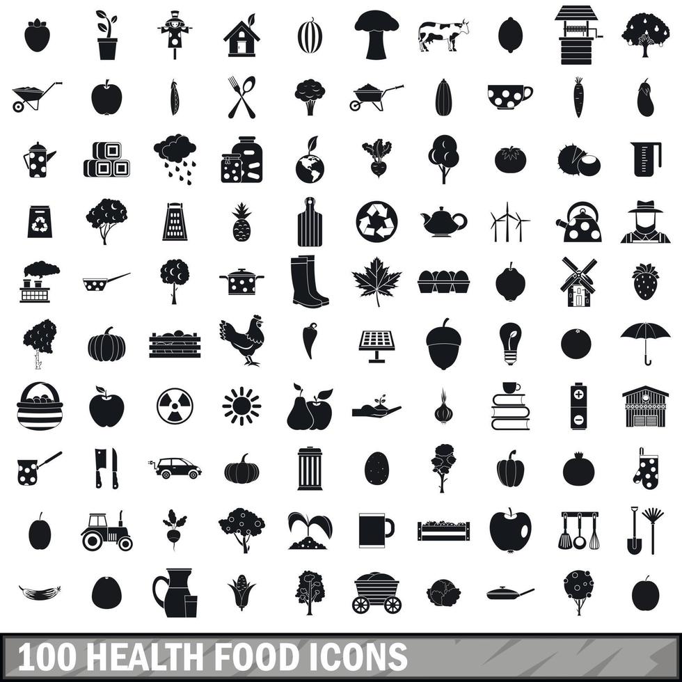 100 hälsokost ikoner set, enkel stil vektor