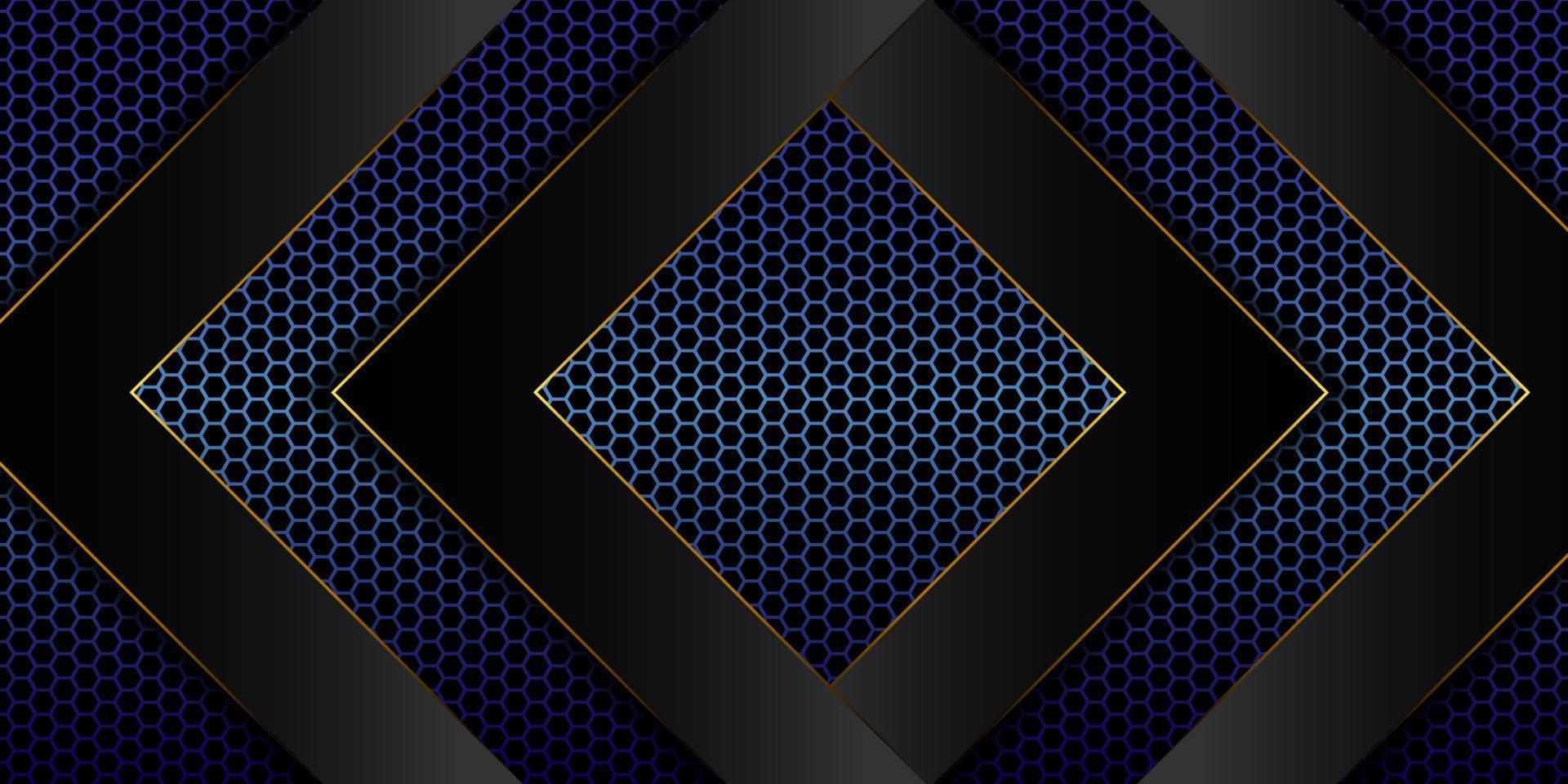 Abstrakter blauer sechseckiger Hintergrund mit schwarzen geometrischen Formen mit Goldkanten, die übereinander gestapelt sind. vektorabbildung 3d vektor