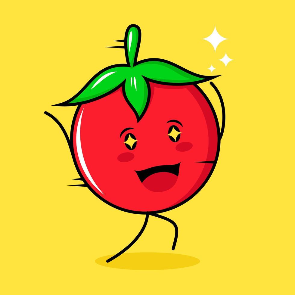 süßer tomatencharakter mit fröhlichem ausdruck, lauf, zwei hände hoch und funkelnden augen. grün, rot und gelb. geeignet für Emoticon, Logo, Maskottchen vektor